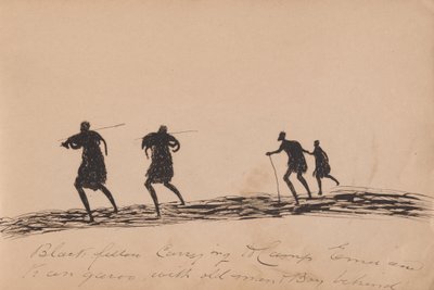 Kwatkwat-mensen - Zwarte man draagt emu en kangoeroe naar kamp met oude man en jongen erachter (schetsboek van Aboriginal activiteiten) door Tommy McRae